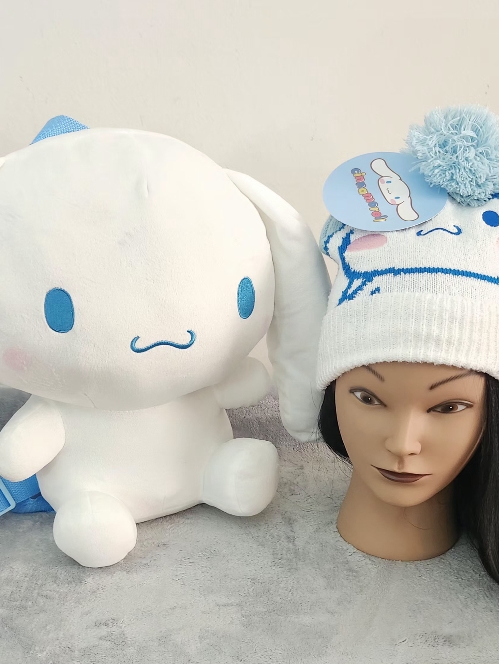 Sanrio Cinnamoroll White Plush Backpack with Light Blue Pom Beanie